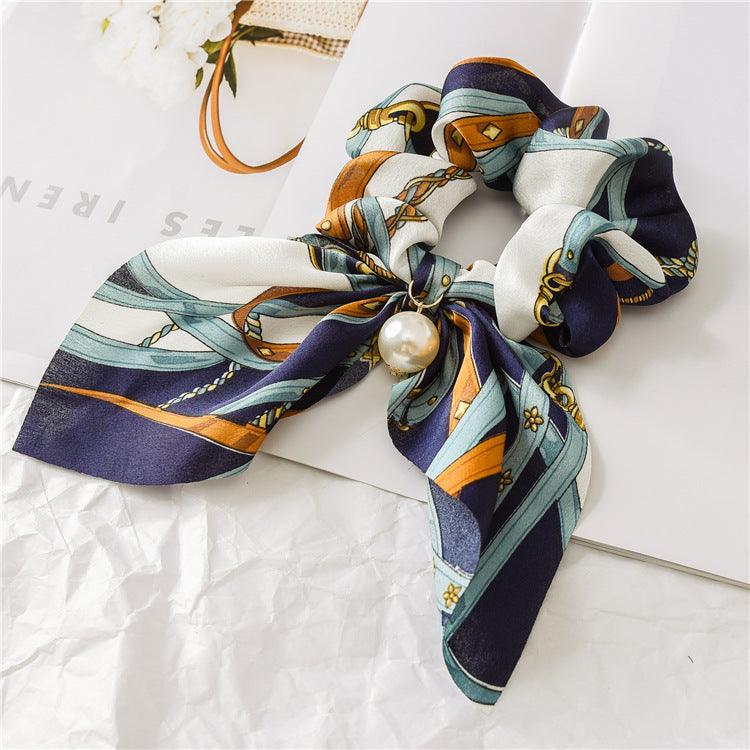Lars Haircare Satin scrunchie Blue & Brown Belt Printed Bow Pearl Scrunchie CJBJTFTF00076-H
