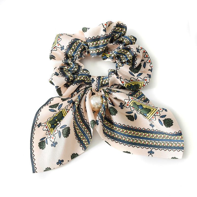 Lars Haircare Satin scrunchie Light Pink Floral Printed Bow Pearl Scrunchie CJBJTFTF00076-A