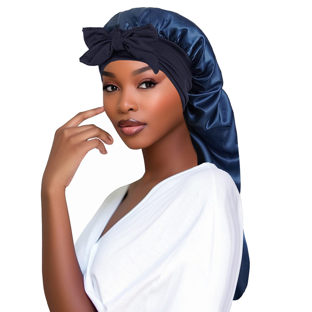 Lars Haircare Satin Hair Bonnet Navy Blue Bow Satin Long Hair Bonnet CJBQ198908705EV