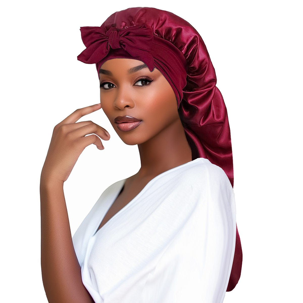 Lars Haircare Satin Hair Bonnet Wine Red Bow Satin Long Hair Bonnet CJBQ198908703CX