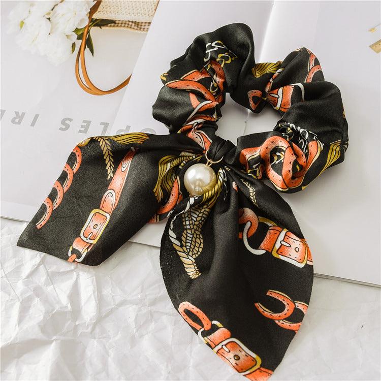 Lars Haircare Satin scrunchie Black & Dark Orange Belt Printed Bow Pearl Scrunchie CJBJTFTF00076-D