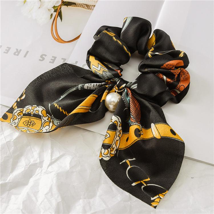 Lars Haircare Satin scrunchie Black & Orange Belt Printed Bow Pearl Scrunchie CJBJTFTF00076-G