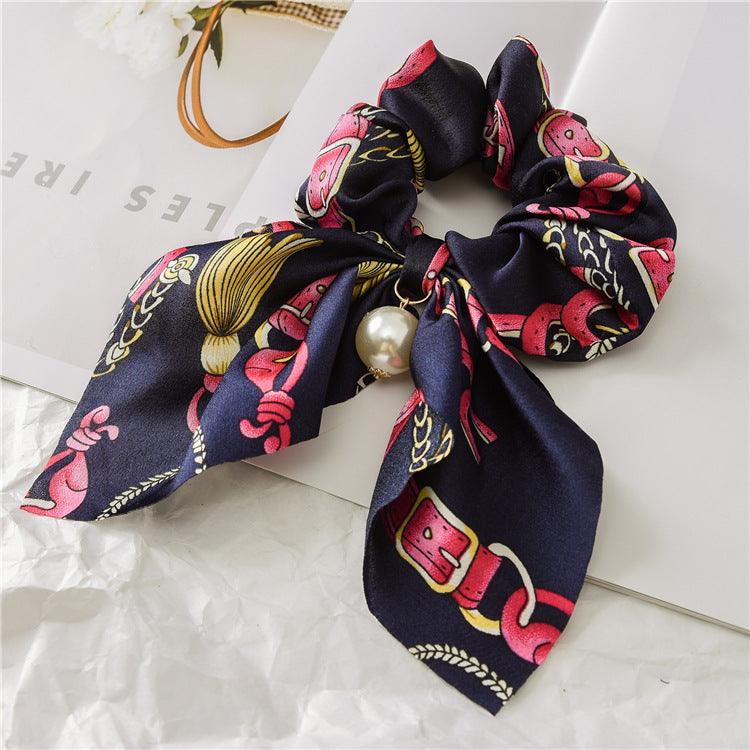 Lars Haircare Satin scrunchie Black & Red Belt Printed Bow Pearl Scrunchie CJBJTFTF00076-F