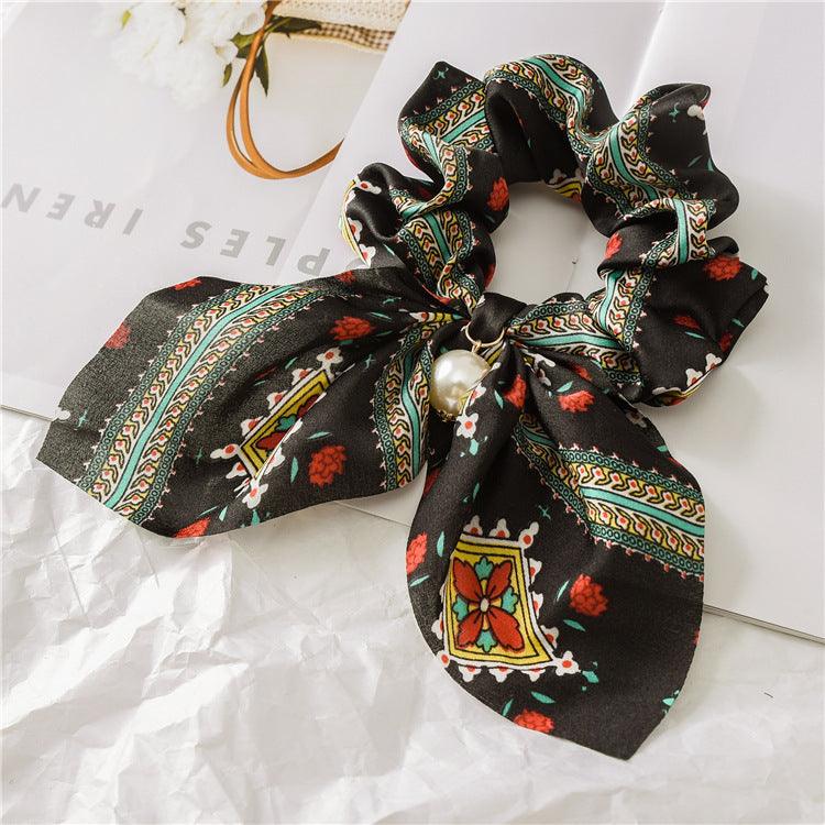 Lars Haircare Satin scrunchie Black & Red Floral Printed Bow Pearl Scrunchie CJBJTFTF00076-T