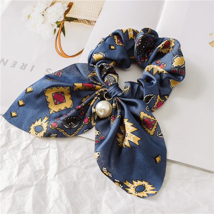 Lars Haircare Satin scrunchie Blue & Beige Geometric Printed Bow Pearl Scrunchie CJBJTFTF00076-R