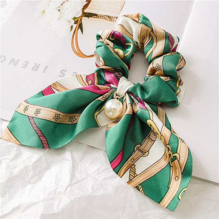 Lars Haircare Satin scrunchie Green & Pink Belt Printed Bow Pearl Scrunchie CJBJTFTF00076-Q