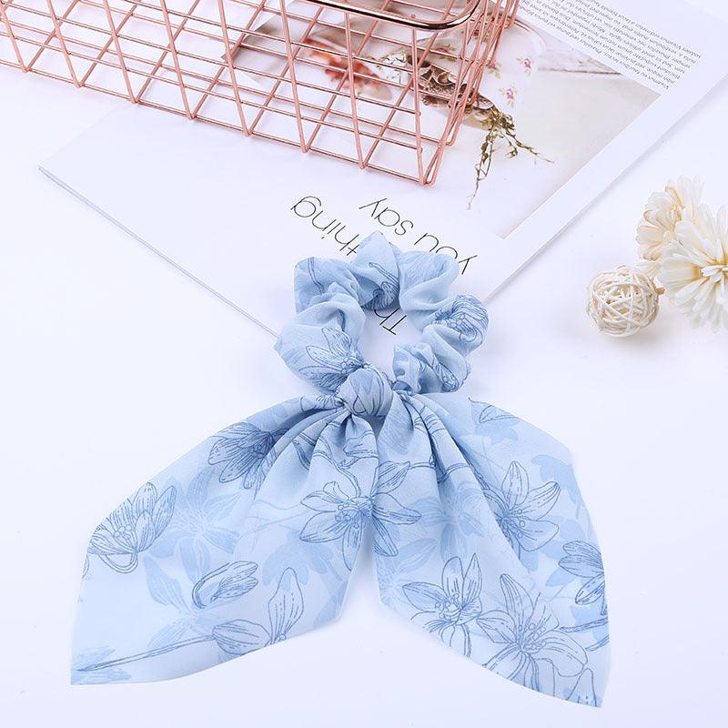 Lars Haircare Satin scrunchie Light Blue Floral Printed Bow Pearl Scrunchie CJBJTFTF00076-Blue