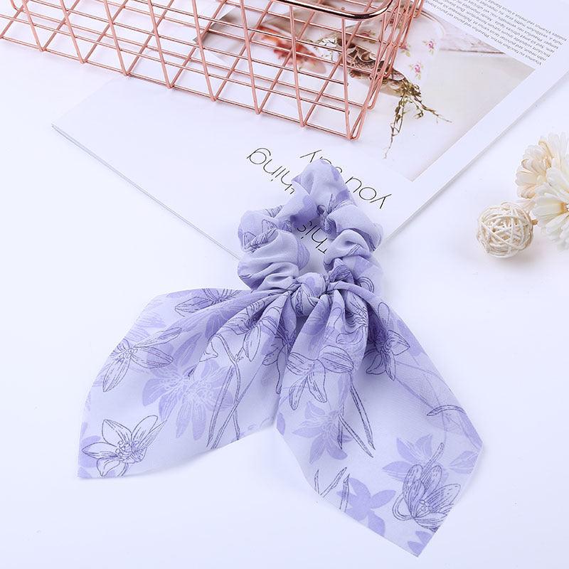 Lars Haircare Satin scrunchie Light Purple Floral Printed Bow Pearl Scrunchie CJBJTFTF00076-Purple