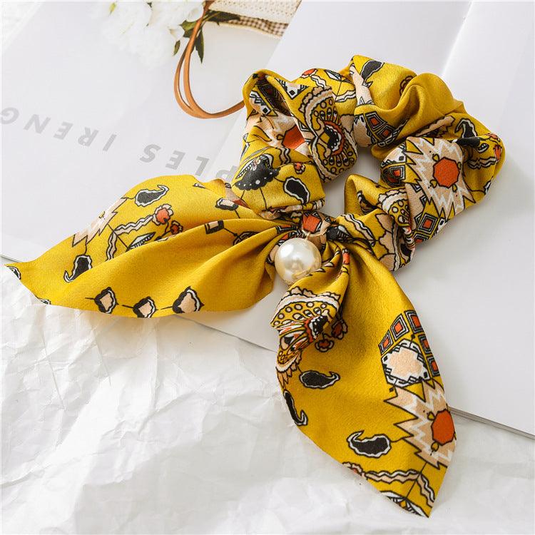 Lars Haircare Satin scrunchie Mustard Yellow Geometric Printed Bow Pearl Scrunchie CJBJTFTF00076-J