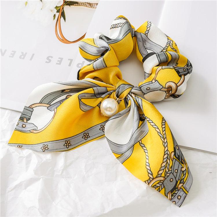 Lars Haircare Satin scrunchie Yellow & Grey Belt Printed Bow Pearl Scrunchie CJBJTFTF00076-S